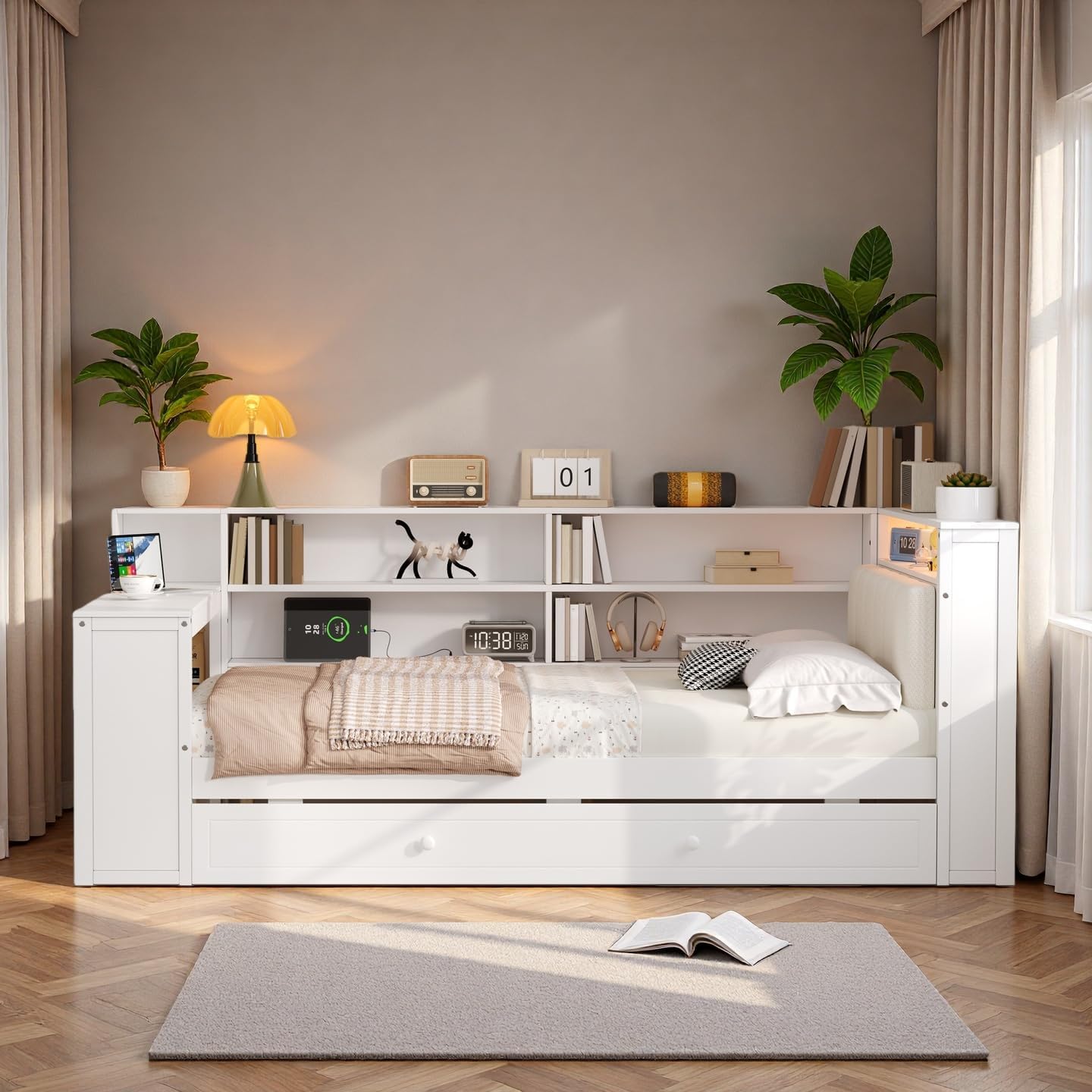 LUMISOL Twin Size Daybed Bed with Trundle, Storage Shelves, Desk & Charging Station, L-Shaped Corner Bed Frame with Upholstered Headboard for Living Room, Guest Room, White