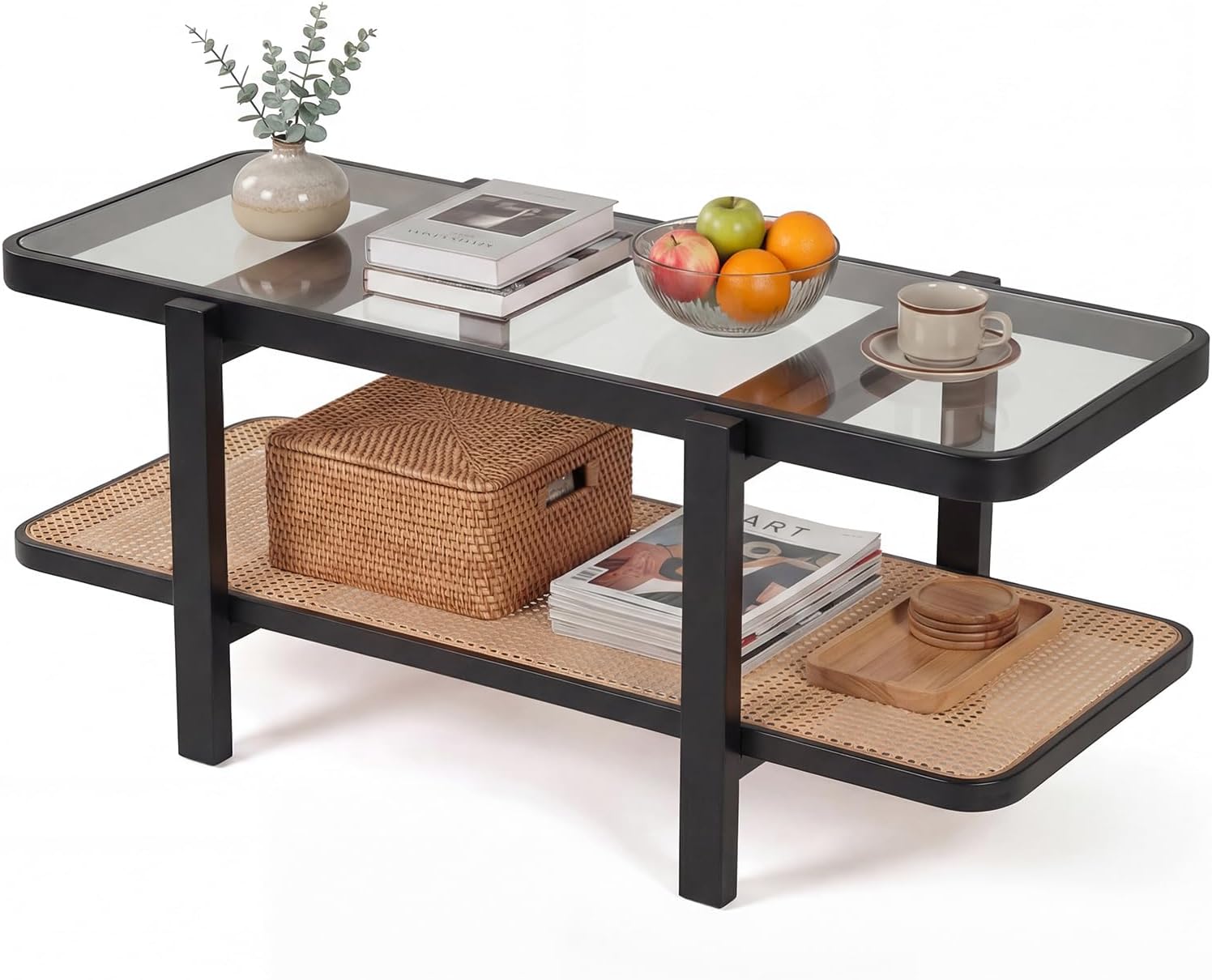 GOFLAME Rattan Coffee Table, 47.5' Solid Wood Center Table with Tempered Glass Top & Rattan Storage Shelf, Rectangular, Farmhouse, Boho, 2-Tier Mid Century Modern Tea Table for Living Room (Black)