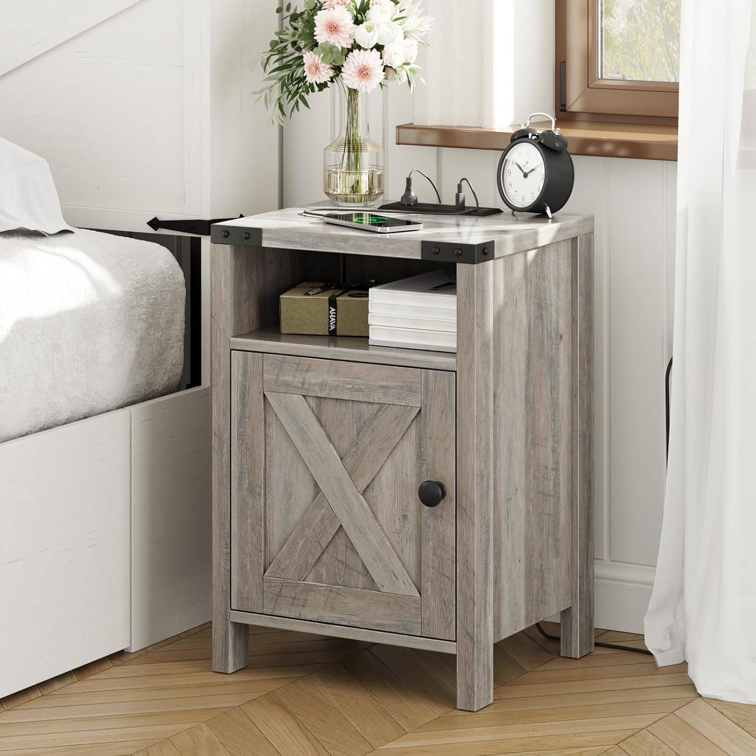 Fameill Farmhouse End Tables Set of 2, Nightstands with Charging Station, Bedside Tables with Barn Door and Open Compartment, Rustic Living Room Bedroom Side Table, Wash Grey