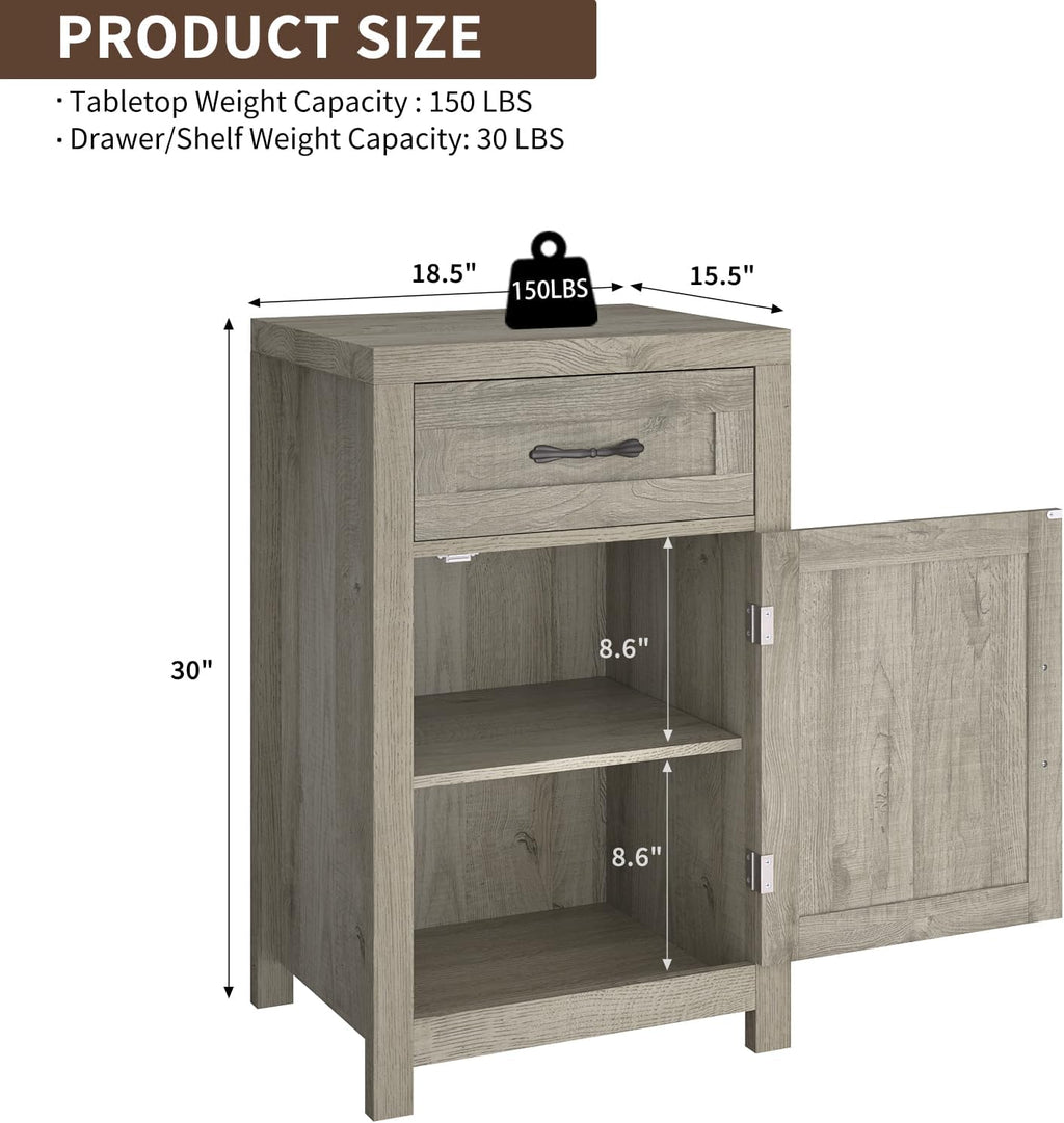 Farmhouse Nightstand Set of 2 with Drawer, 30' End Table with Storage Cabinet and Adjustable Shelf, Tall Bedside Table Rustic Wood Sofa Side Table for Living Room, Bedroom, Grey