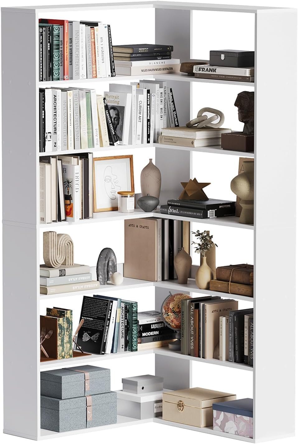 oneinmil Bookcase 6 Tiers with Baffles, 35.2' Large Corner Bookshelf, Storage Display Rack for Living Room Home Office, White