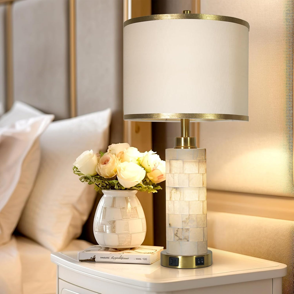 KIVDITZO 27' Alabaster Table Lamps Set of 2, Lamps for Living Room Bedroom,Bedside Lamps with Night Light,Nightstand Lamp with USB A+C Ports,Modern Table Lamp with Linen Shade (Bulbs Included)