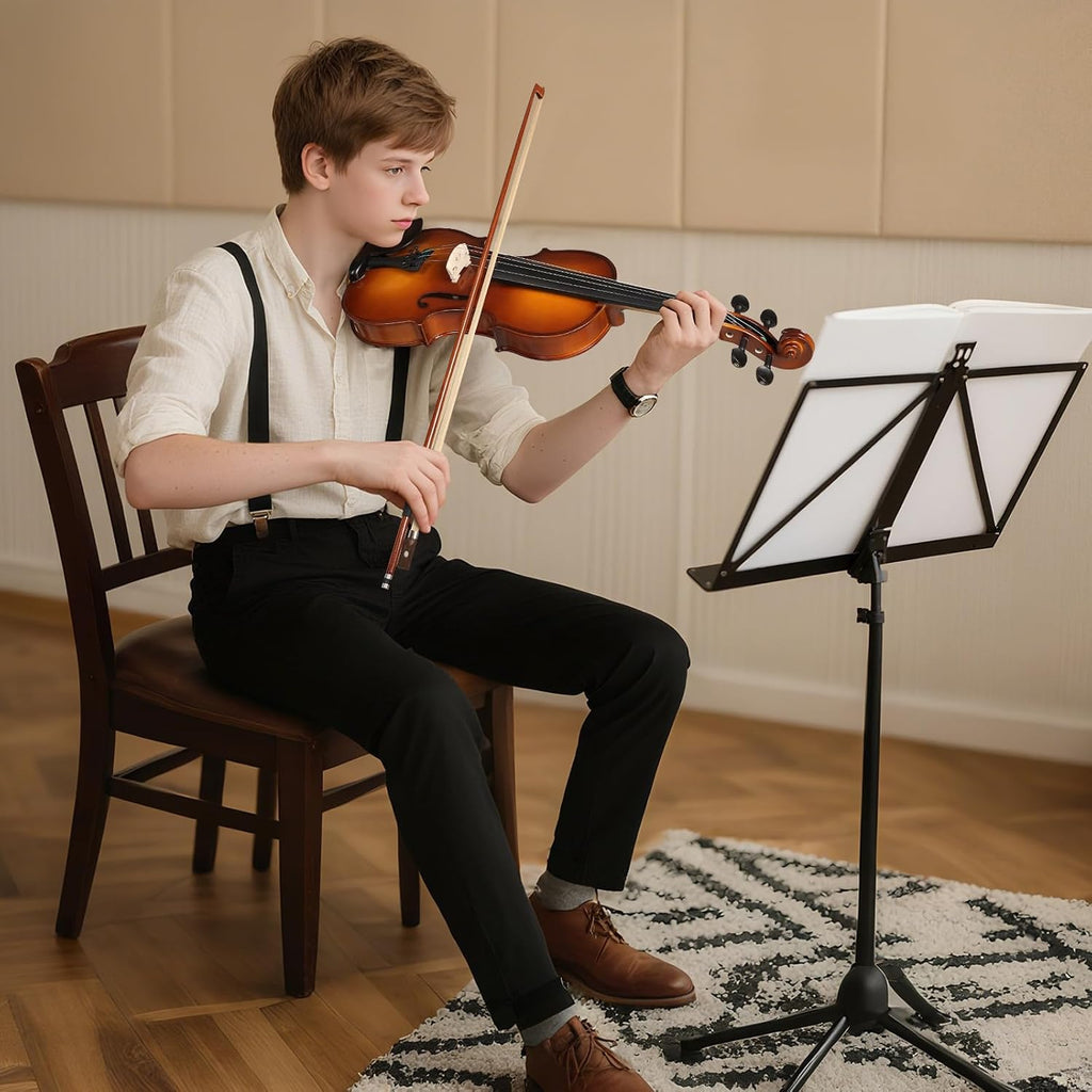 Kmise Violin 4/4 Full Set, High Density Ebony Violins, Glossy Acoustic Fiddle for Adults, Beginners, Students with Violin Case, Rosin, Strings, Bow, Shoulder Rest, Beginner's Guide (Ebony, 4/4)