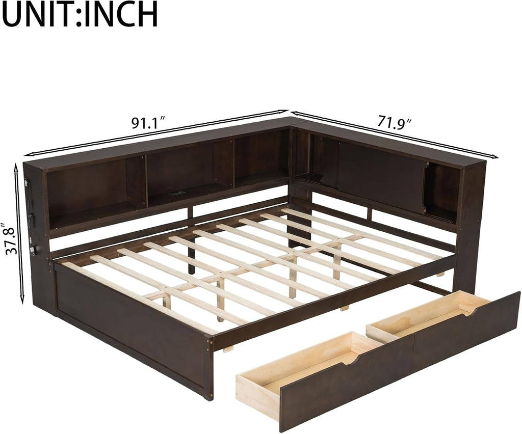 VilroCaz Queen Size Daybed with L-Shaped Headboard &Bookcases, Solid Wood Daybed Sofa Bed Frame with 2 Storage Drawers, USB, LED for Office Living Room Bedroom (Brown-2.18)