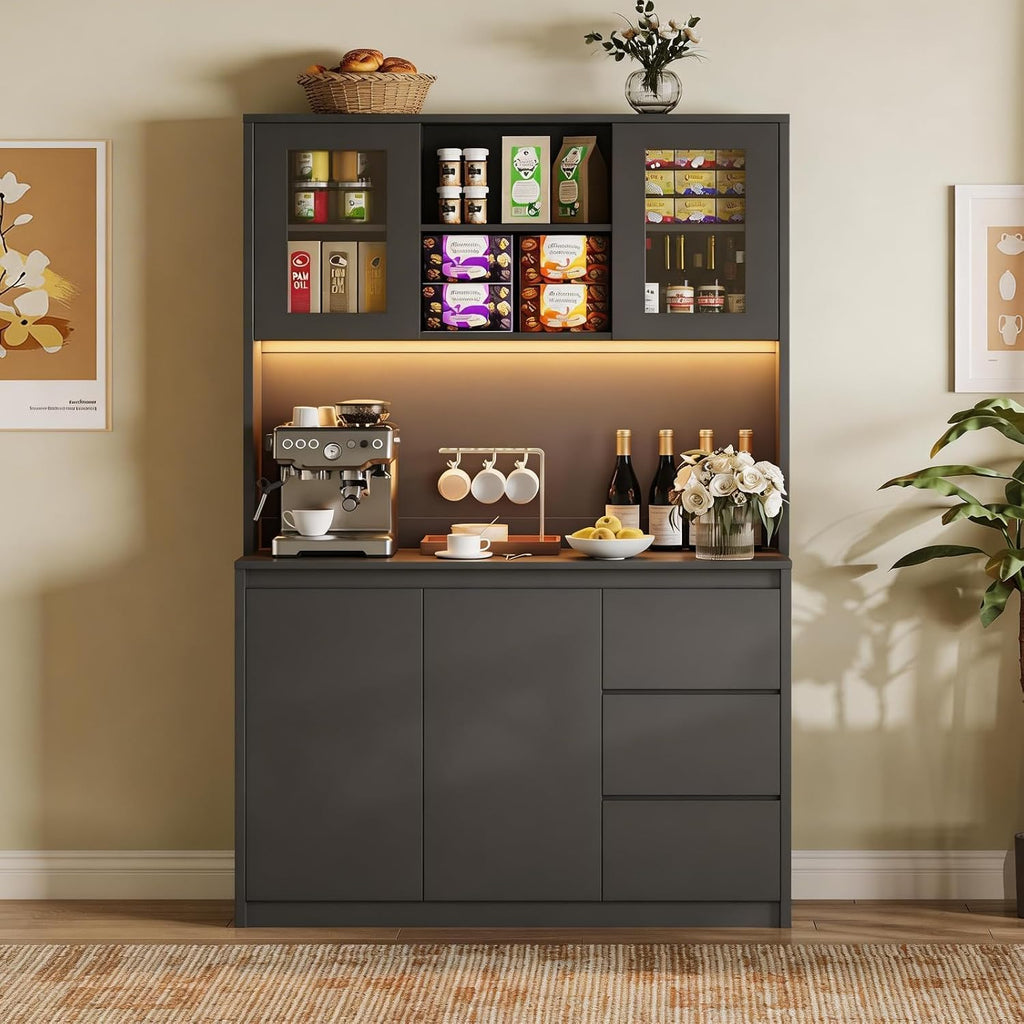 71' Kitchen Pantry Cabinet,Tall Storage Cabinet with Doors & Shelves Adjustable, Kitchen Storage Hutch with Microwave Shelf,Coffee Bar,Led Lights&Charging Station,Corner Pantry Cabinet for Living Room