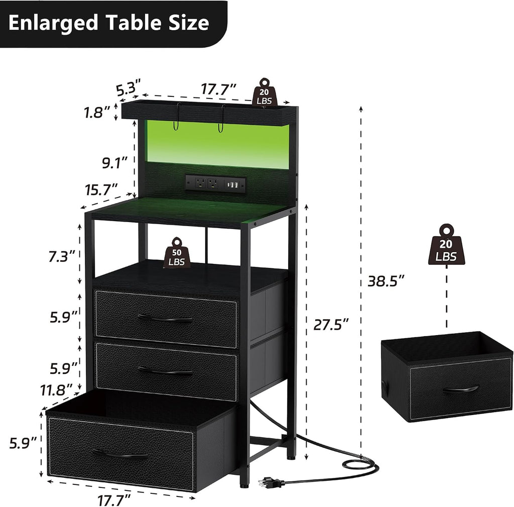 SZLHANJZ Night Stand Set 2 with LED Lights, Bedroom Nightstands with Power Outlet and Type C Port, Bed End Tables with 3 Fabric Drawers, Matching Bedside Tables with Hooks and Shelves, Black