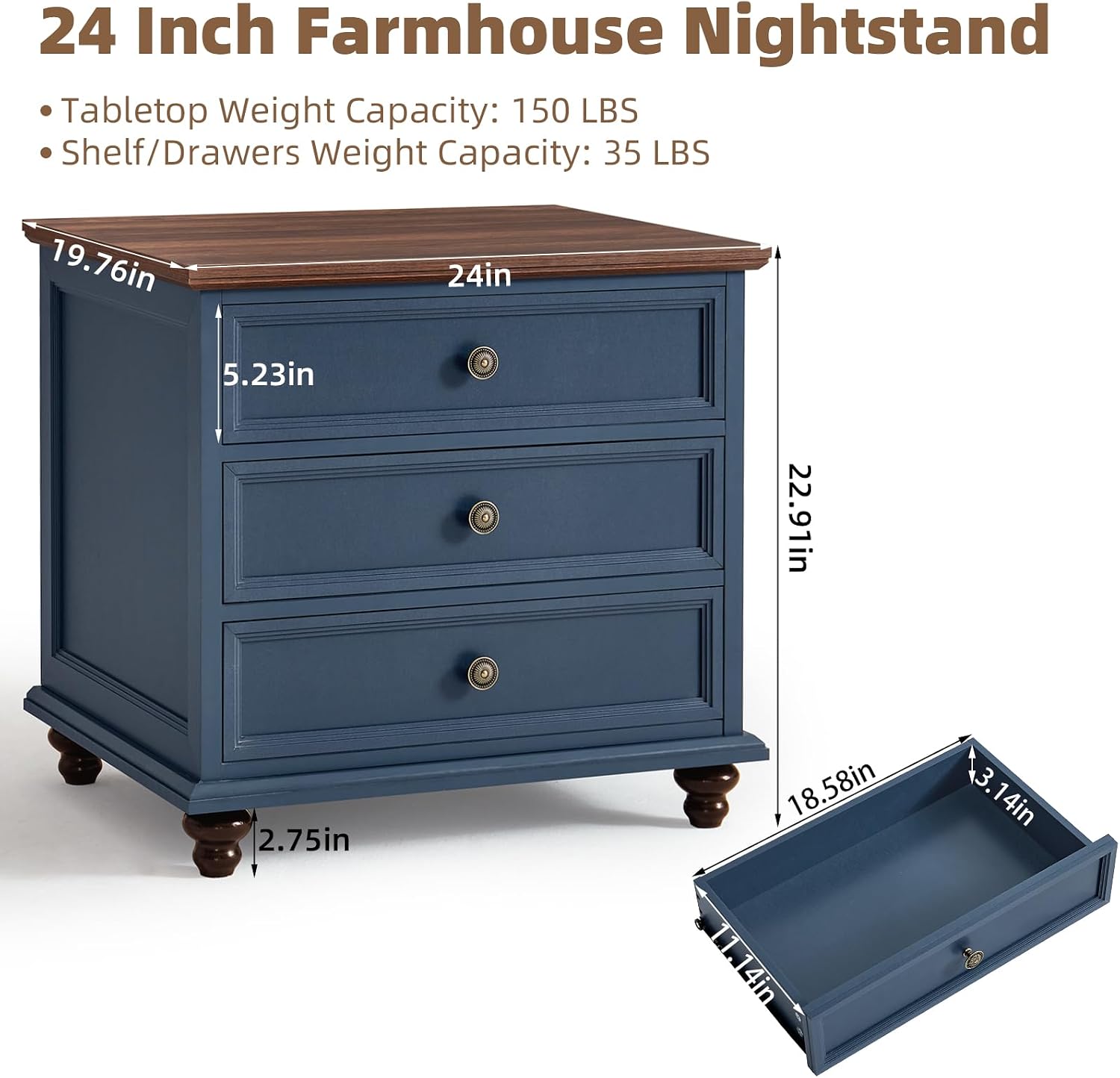 Joaxswe 24' Wide Farmhouse Night Stand Set of 2,Large End Table with 3 Drawers & Metal Handle,Blue Wood Dresser for Bedroom Cabinet, Bed Side Table Chest of Drawers,Nightstand for Living Room,Closet