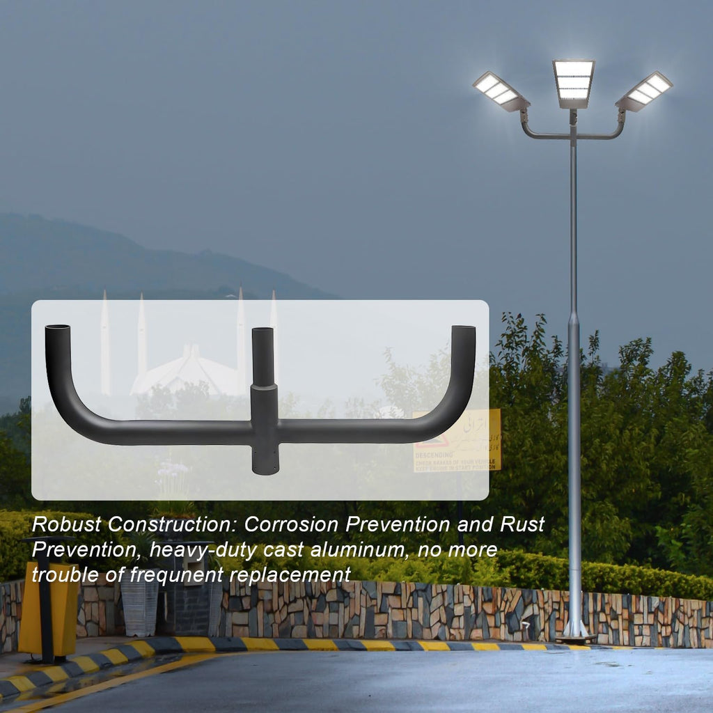 180 Degree Bullhorn Mounting Bracket Tenon, 2-3/8 Round Triple Light Pole Mount Arm Tenon Adaptor for 3 Slip Fitter Lights Led Parking Lot Light, Outdoor Shoebox Street Lighting, Dark Bronze