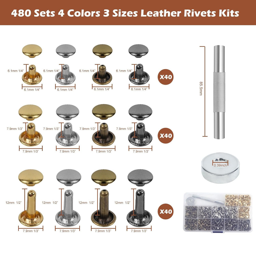 Leather Press Machine,Hole Puncher for DIY Leather Craft,Manual Press Punch Tools,with 400Pcs Grommet,9 Round Punches (1.5-6mm), 4 Stitching Prongs, 480 Rivets | Stainless Steel Pillar | Punch Puller