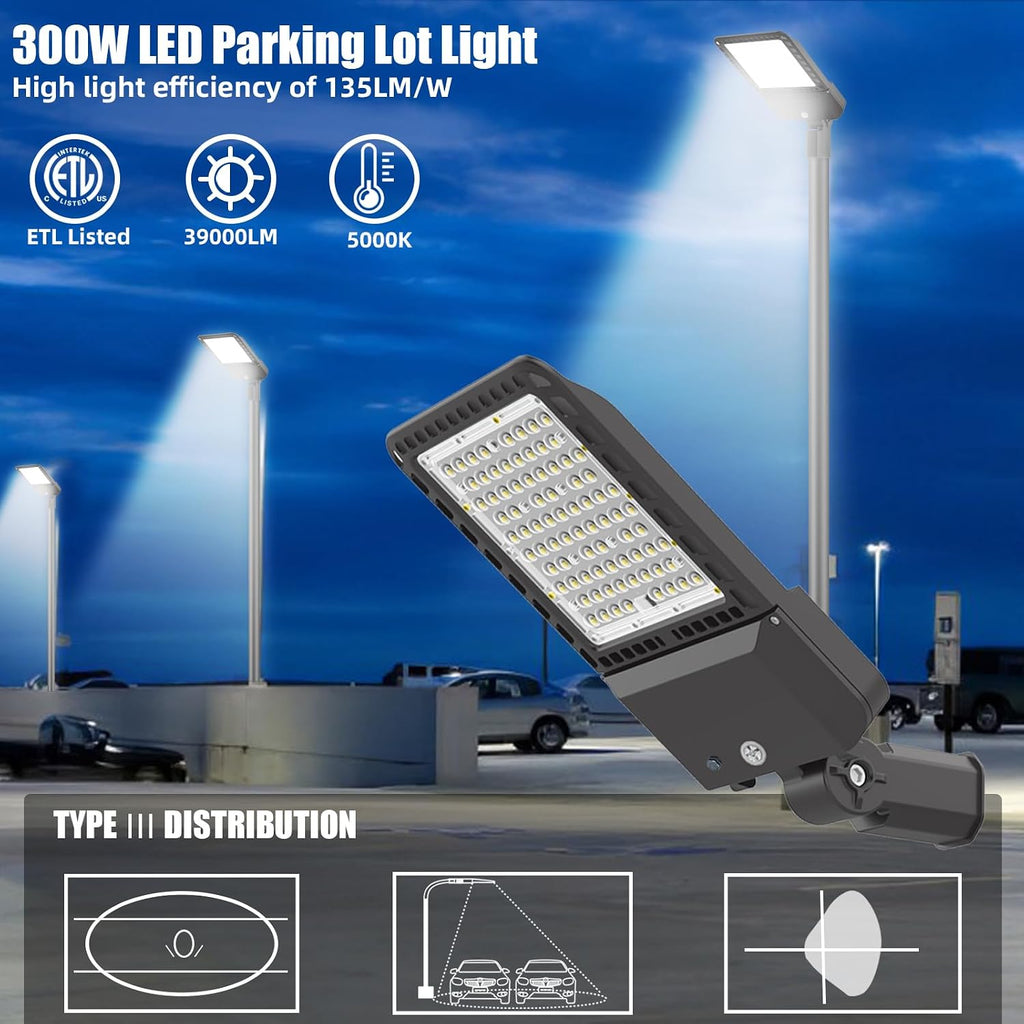 300W LED Parking Lot Light, 39000LM Led Parking Lot Lights Outdoor with Photocell Slip Fitter, 5000K Commercial Shoebox Pole Lighting 7 Years Lifespan for Street Yard Roadway Garage-ETL Listed(3 PACK)