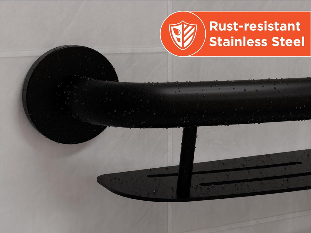HEALTHCRAFT Plus Shampoo Shelf & Grab Bar 24', ADA Safety - Matte Black | Built-in shampoo shelf, concealed screws, no separate shelf needed
