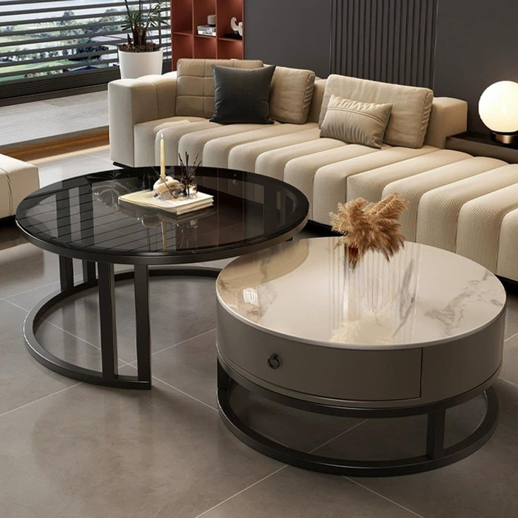 LITFAD 2-Piece Nesting Coffee Tables Steel Frame Round Slate Top Living Room Table Modern Cocktail Table with Storage Drawer for Living Room, Office, Cafe - 27.5' L + 19.5' L Black/Grey - Clear/White