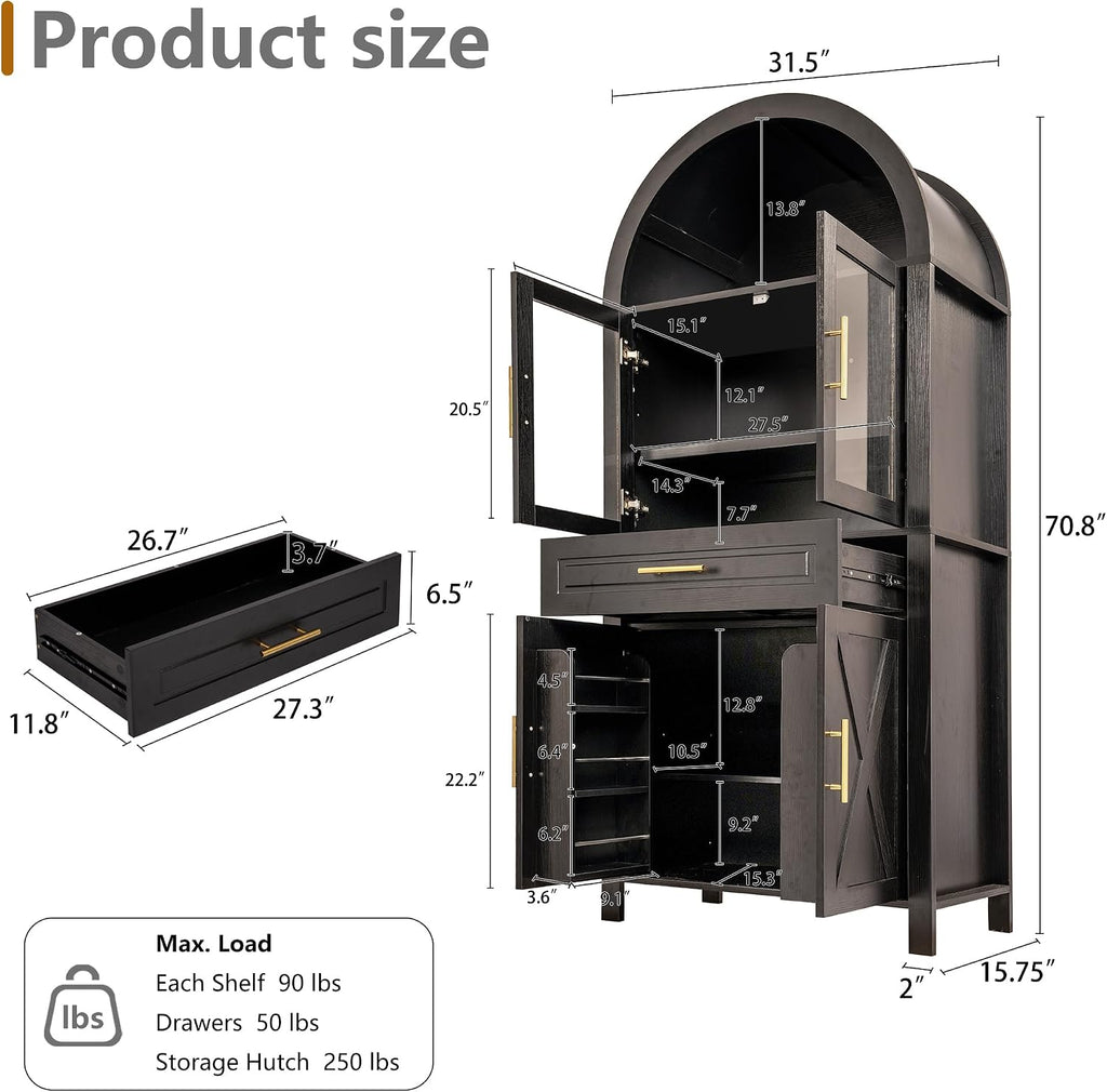 71' Farmhouse Arched Kitchen Pantry Cabinet with Glass Doors & Large Drawer, Wood Versatile Cupboard with Adjustable Shelves for Kitchen Dining Room Living Room Coffee Bar(Black)