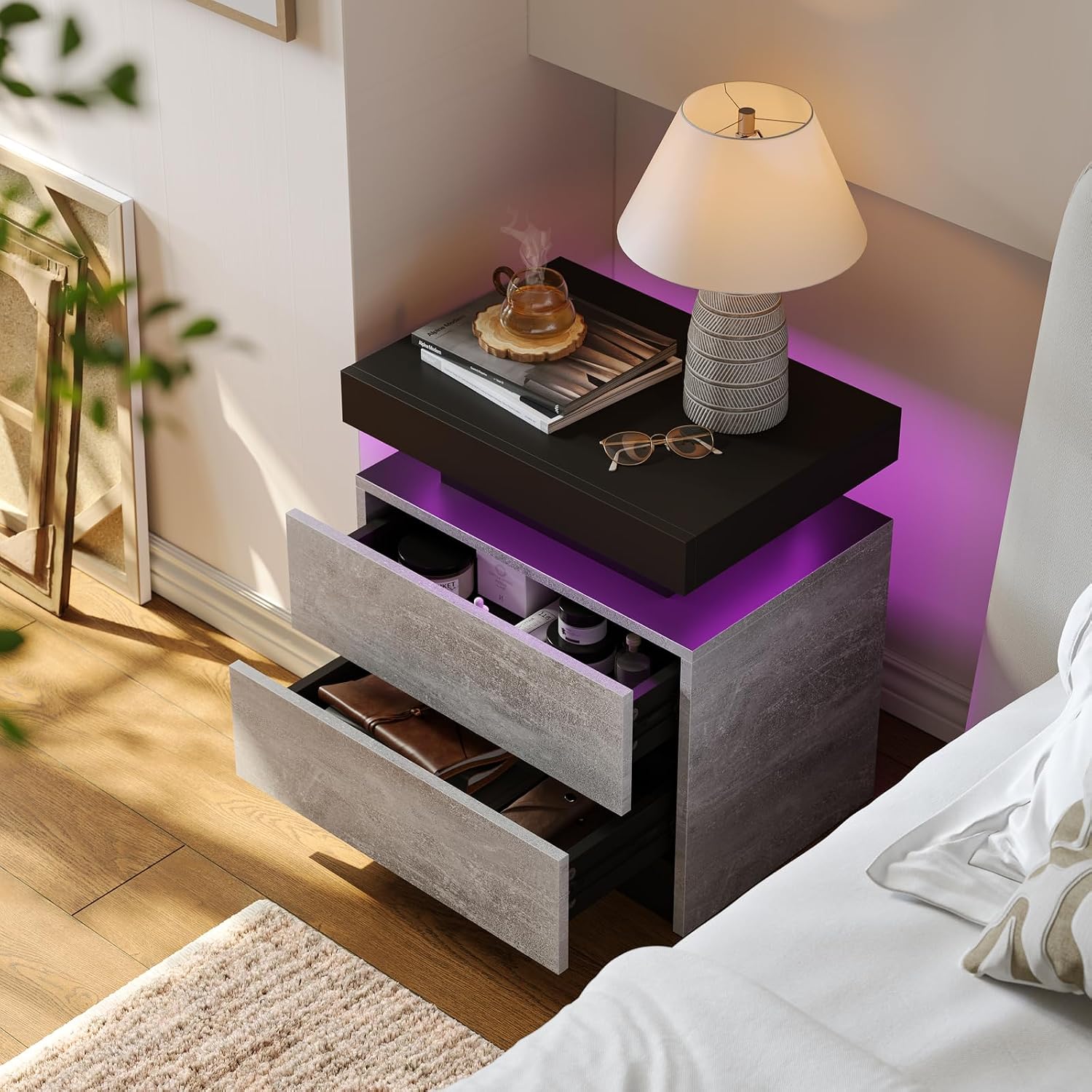 Cubehom Nightstands Set of 2, Bedside Tables with LED Lights, Night Stands with 2 Wood Drawers, End Tables Set of 2 for Living Room/Bedroom