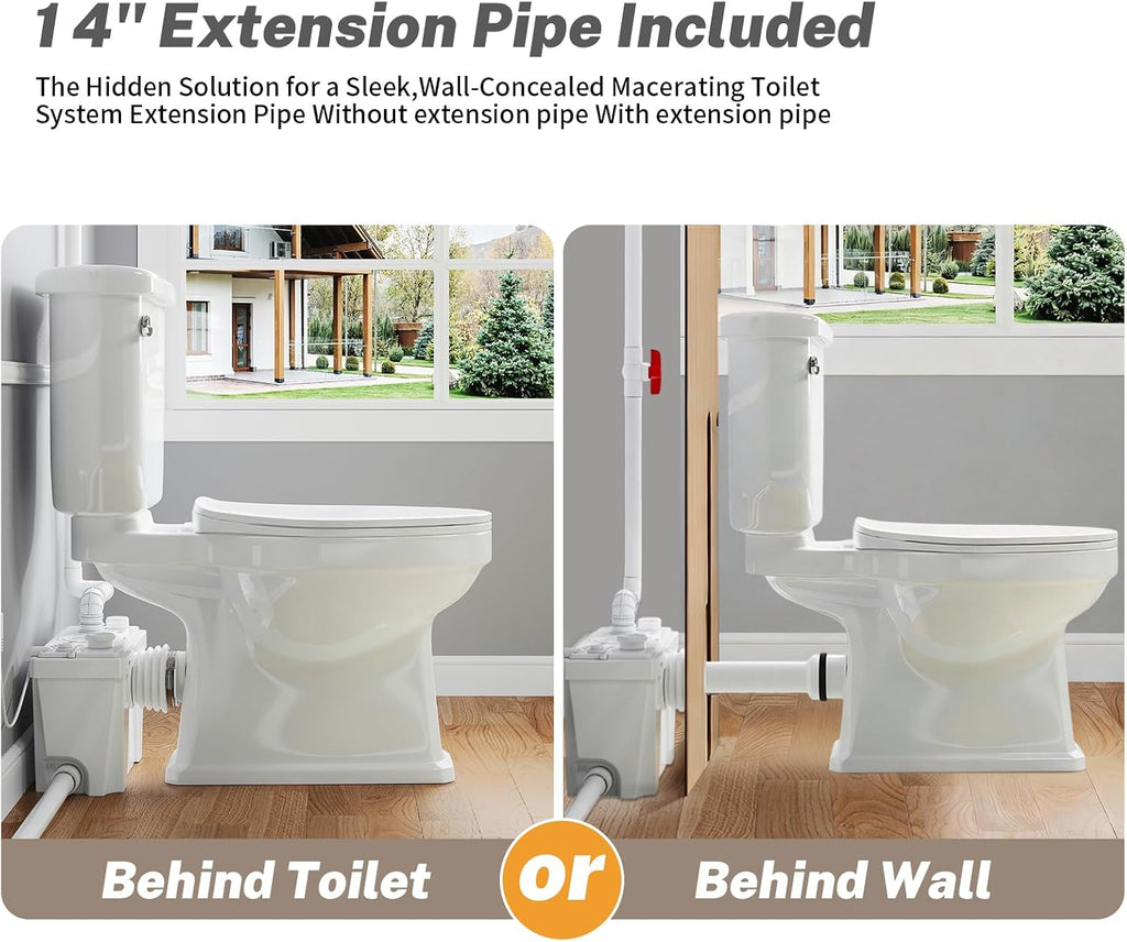 Macerating Toilet with Pump, Two-Piece Upflush Toilet For Basement, Powerful & Quiet Macerating Pump System With 4 Water Inlet, 23Ft Vertically, Elongated Bowl