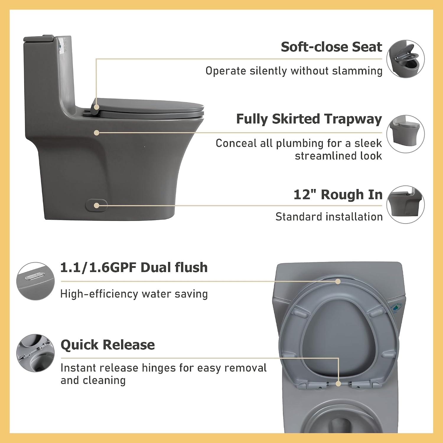 Dual Flush One Toilet, Water Saving Elongated Comfort Height Floor Mounted, Soft Closing Seat, 1000 Gram Map Flushing SToilet, Light Grey