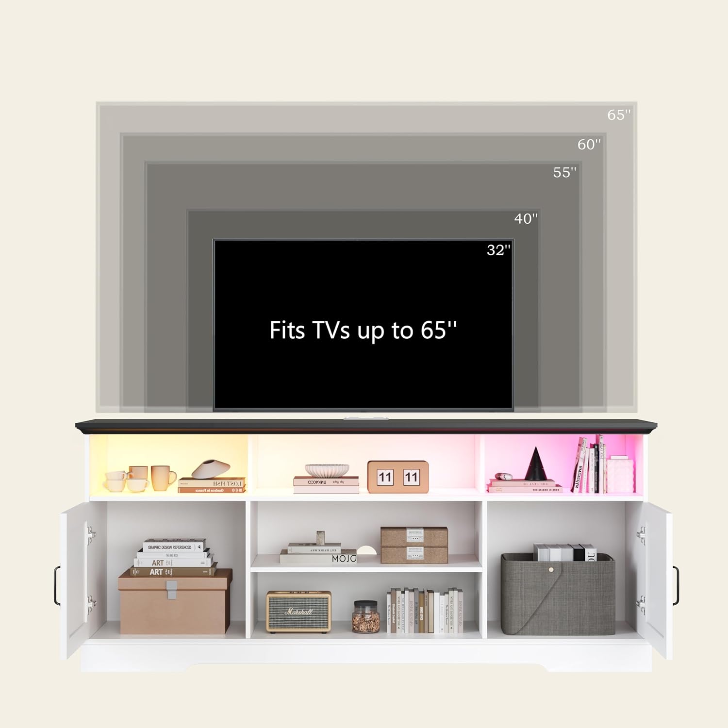 Wodeer White TV Stand for TVs up to 65 Inches, 59'' Farmhouse Entertainment Center with Storage Cabinet, Adjustable Shelf and Power Outlet, LED TV Stands for Living Room, Bedroom