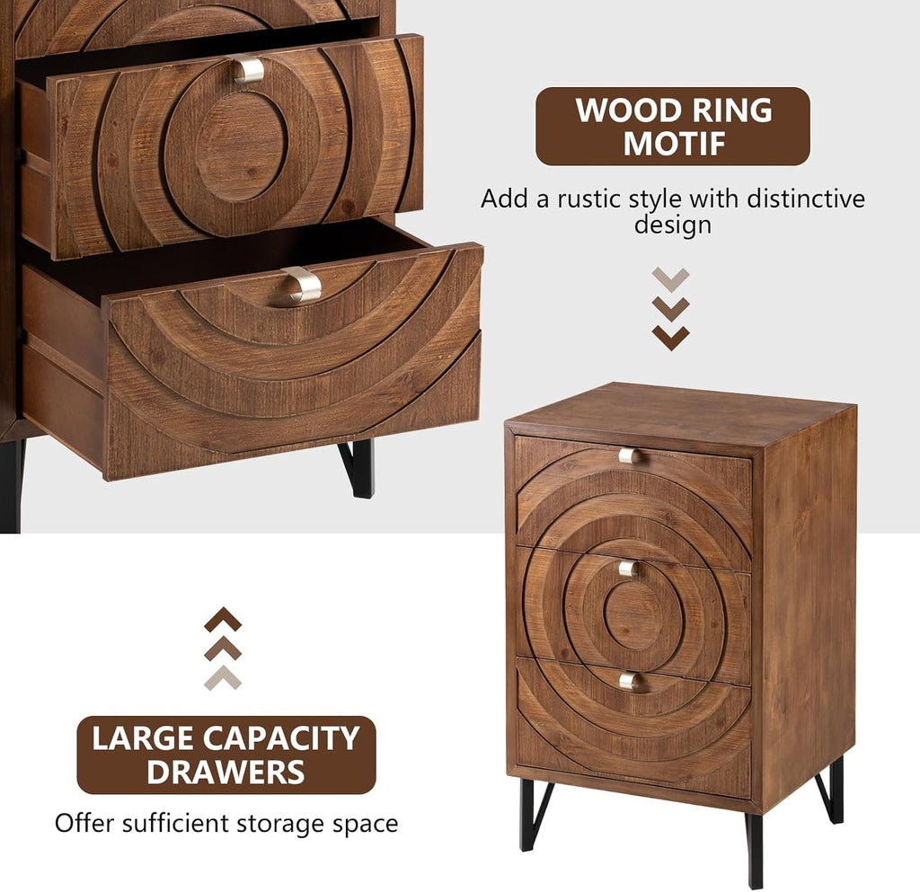 COSIEST Nightstand, Rustic End Table with 3 Drawers, Vintage Wood Bedside Table with Strudy Legs, Modern Side Table Accent Nightstand for Bedroom, Living Room(Brown,2 Pieces)