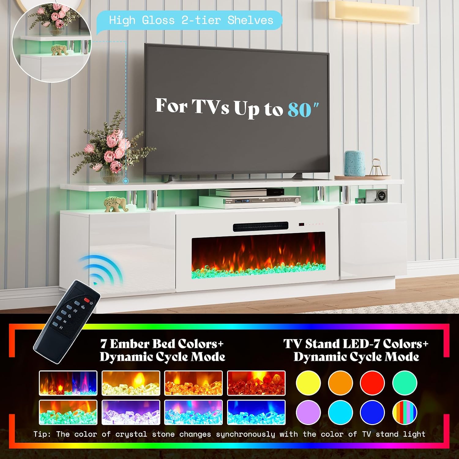 AMERLIFE 3 Piece Modern Living Room Table Set, Includes 70' High Gloss Fireplace TV Stand, 2-Tier Coffee Table, LED Lights Entertainment Center Set for Living Room, White