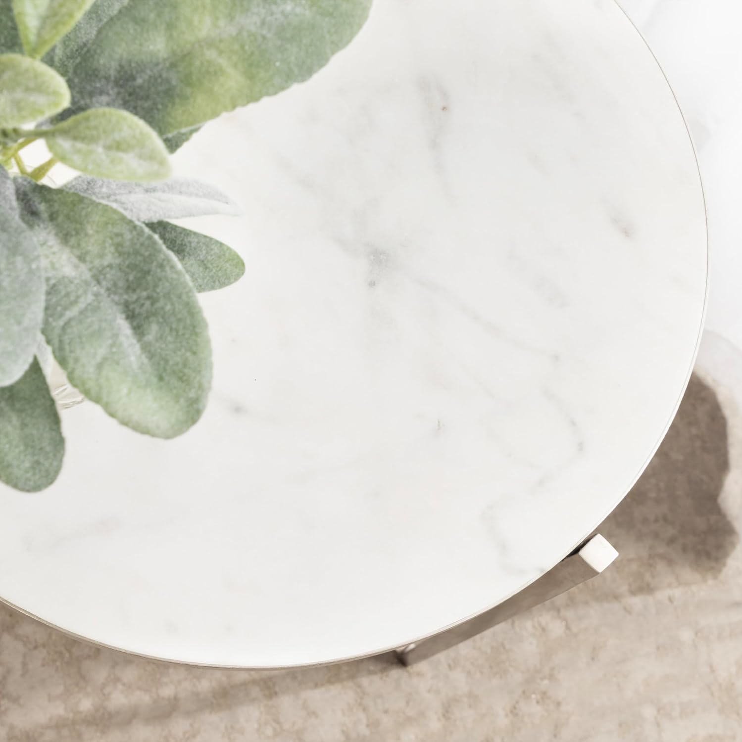 Kate and Laurel Aguilar Modern Round Side Table, 15 x 15 x 24, White and Silver, Genuine Marble Nightstand for Small Spaces and Living Room Decor