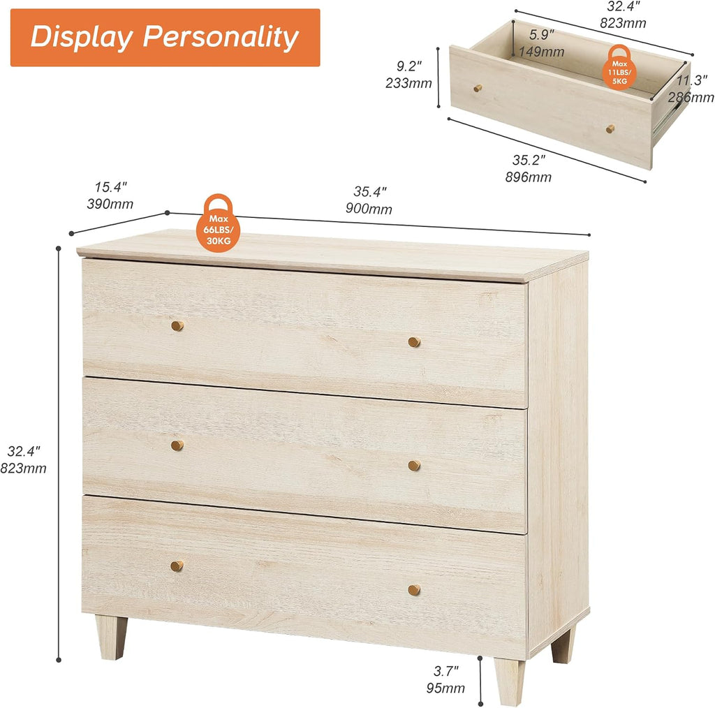 WAMPAT Set of 2 Nightstands with 3 Wide Drawers for Bedroom, Modern Wood Bedside Tables Chest Dressers Night Stands, Large Sofa Side End Tables for Living Room, Light Oak, 35 Inches