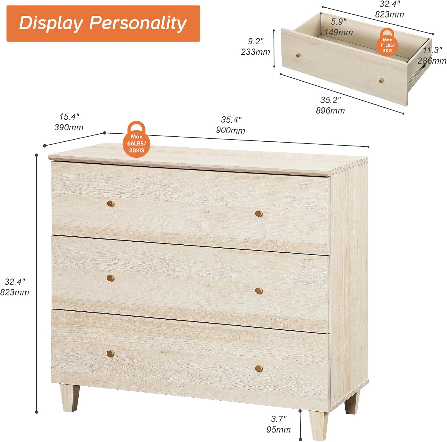 WAMPAT Set of 2 Nightstands with 3 Wide Drawers for Bedroom, Modern Wood Bedside Tables Chest Dressers Night Stands, Large Sofa Side End Tables for Living Room, Light Oak, 35 Inches