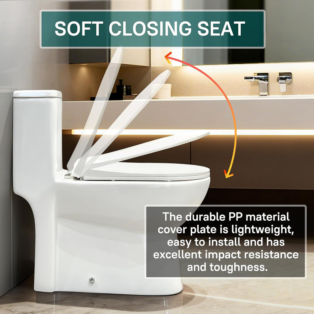 W2121D One-Piece Dual Flush Toilet, 0.8/1.28 GPF,360° Tornado Flush, Elongated D-Shape Bowl, 12-In Rough-In, White, Soft-Close Seat, EPA & WaterSense Certified