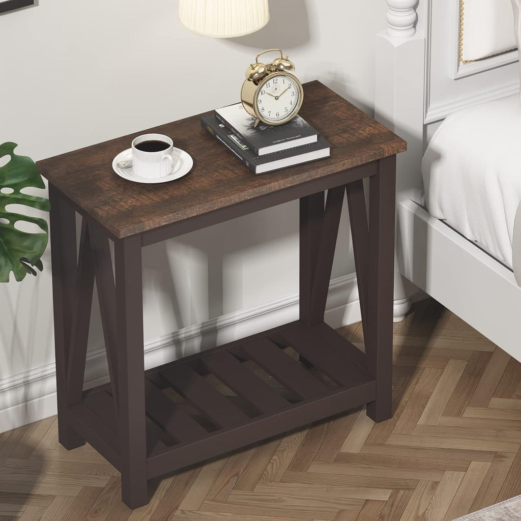 ChooChoo Farmhouse End Table, Rustic Vintage Narrow End Side Table with Storage Shelf for Small Spaces, Nightstand Sofa Table for Living Room, Bedroom Espresso 2 Pack