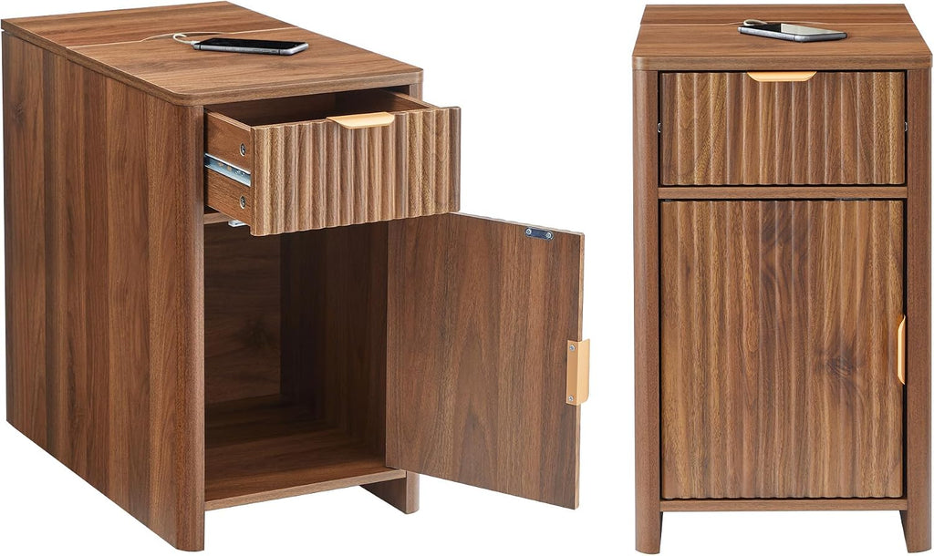Fluted Narrow End Table with Charging Station, Farmhouse Side Table with Drawer Storage, Small Night Stand with Power Outlets and USB Ports, Sofa Side Table for Living Room - Walnut