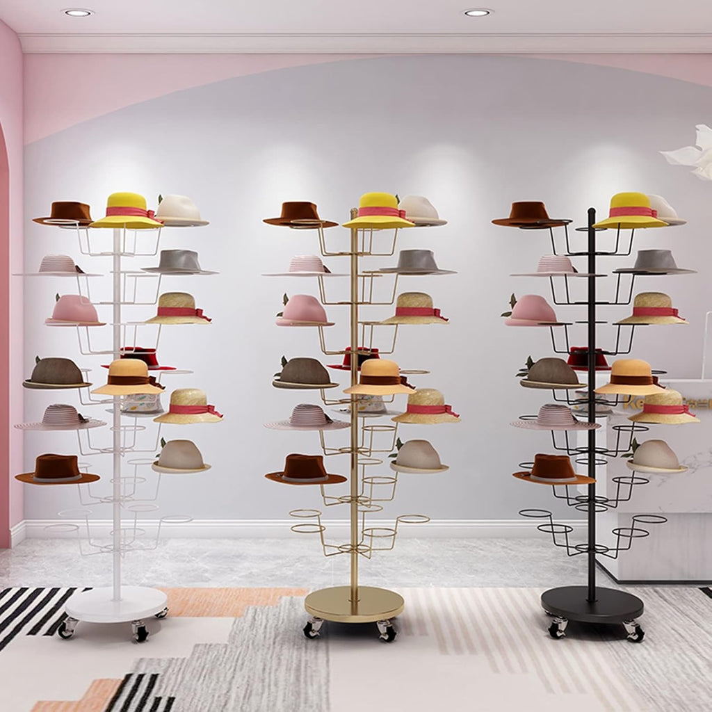SRNSAEB 7 Tier Large Rolling Hat Racks for Baseball Caps, Modern Metal Floor Wig Display Holder, 35 Hooks Commercial Hat Stand Organizer (Color : Gold)