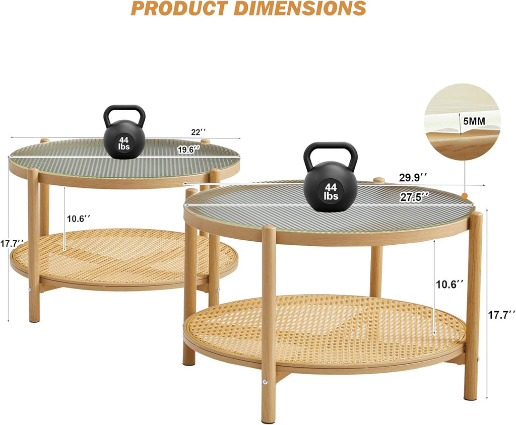 Boho Rattan Coffee Table Set of 2, Round Glass Living Room Table Set, Modern Simple 2 Tier Middle Center Table for Small Space Living Room Bedroom Office Meeting Room