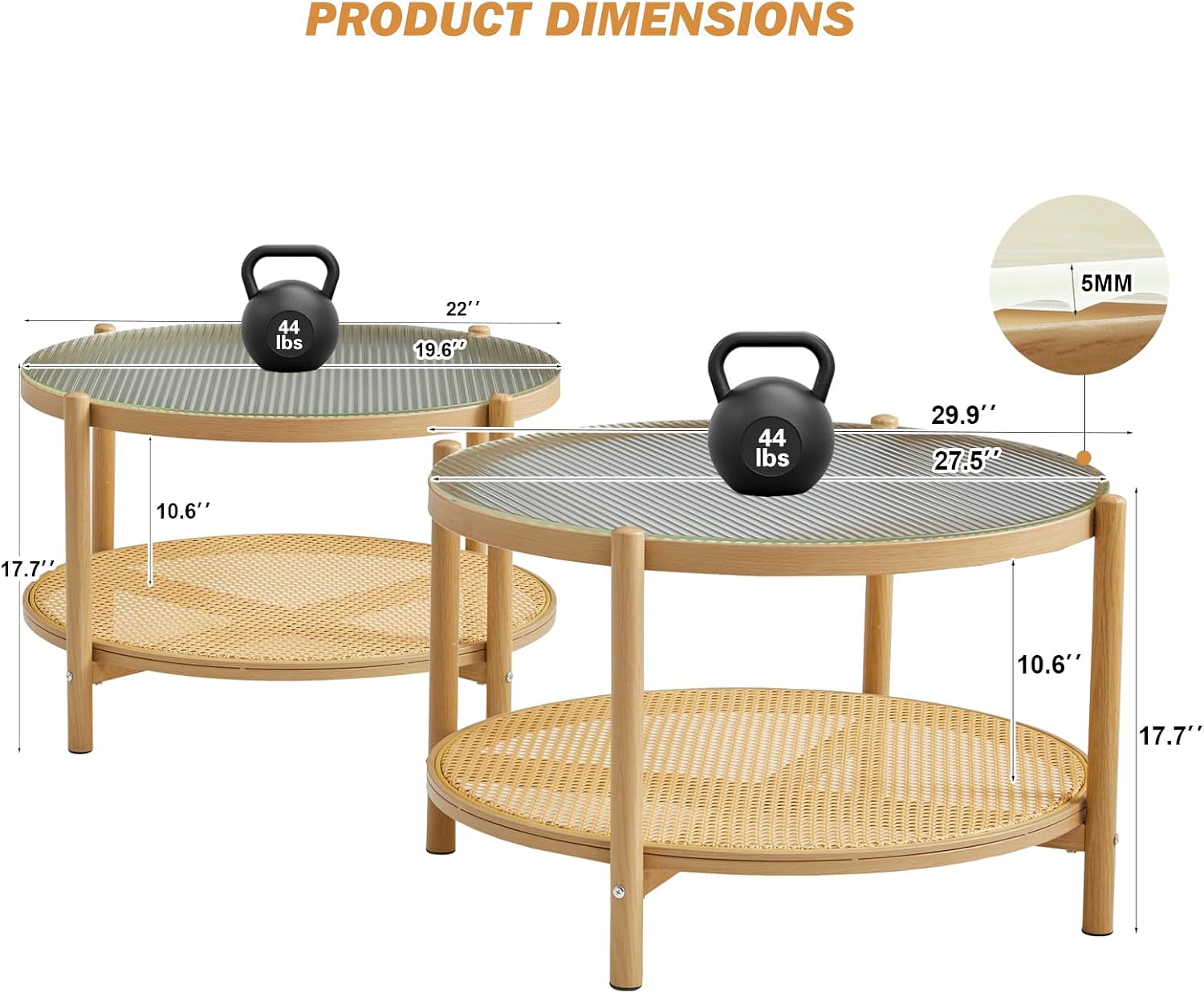 Boho Rattan Coffee Table Set of 2, Round Glass Living Room Table Set, Modern Simple 2 Tier Middle Center Table for Small Space Living Room Bedroom Office Meeting Room