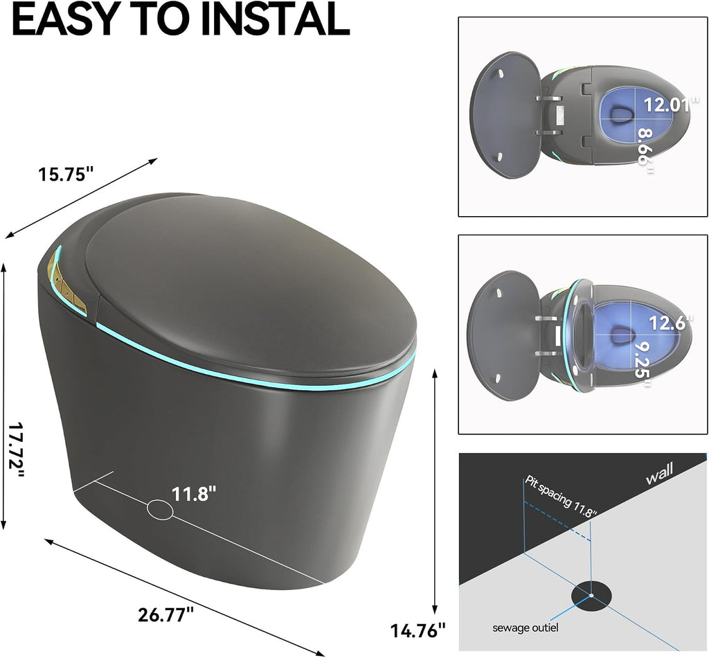 Smart Toilet One Piece with Bidet Built In, Auto Open/Close Seat, Foot Sensor, LED Display, Night Light, Warm Water and Dryer, Grey