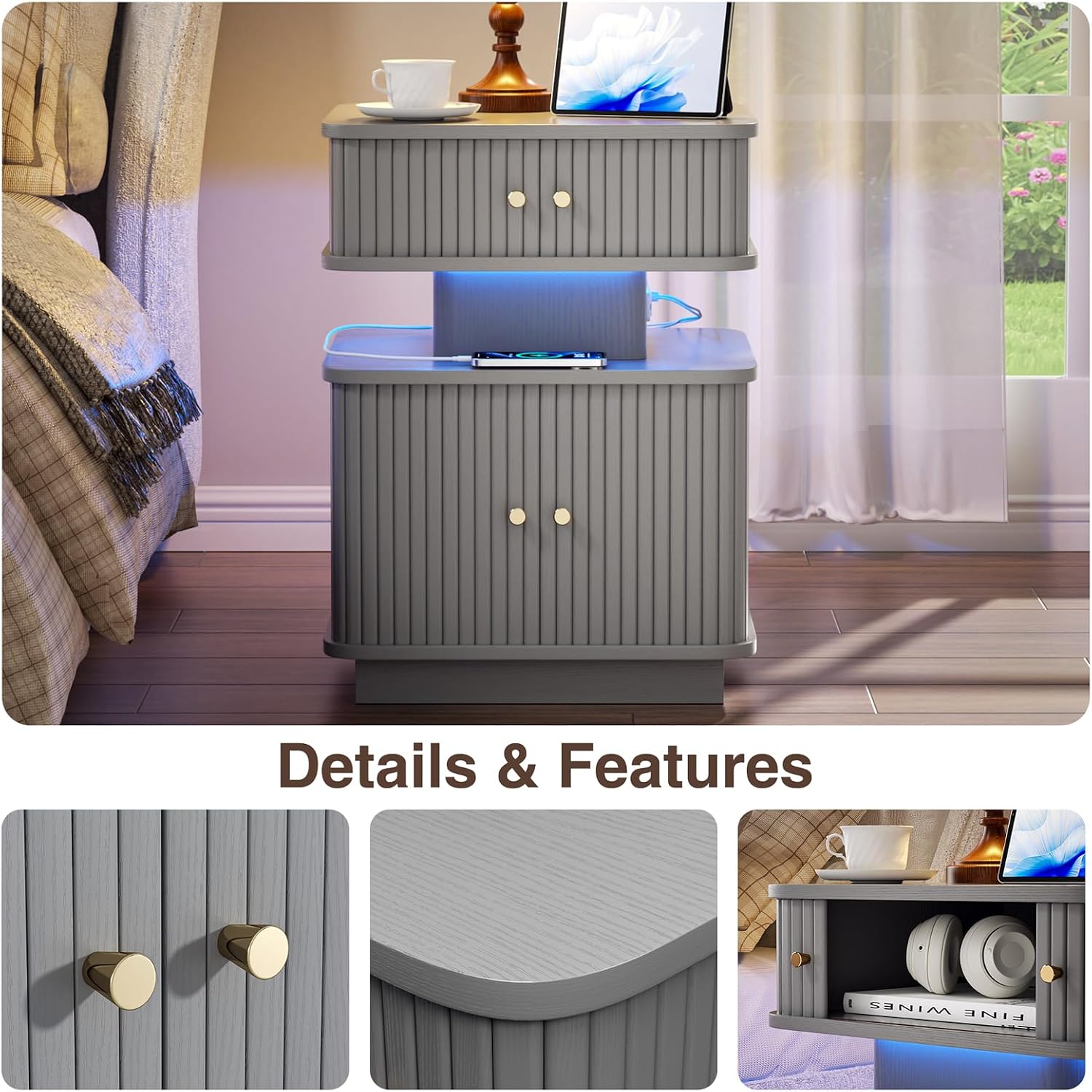 Set of 2 LED Light End Table with Charging Station, Grey Mid Century Bedside Table with USB Type A C Ports, Small Fluted Accent TV Control Nightstand with Sliding Door for Living Room, Curvy Edge