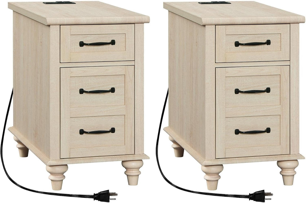 WAMPAT 2 Pack End Tables with Charging Station, Farmhouse Narrow Side Table with Drawer & Storage Cabinet, Beige Nightstand with Power Outlets & USB Ports for Living Room, Bedroom