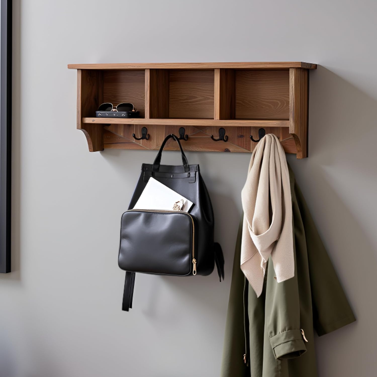 Renew Solid Wood Wall Mounted Coat Hook, Storage, 3 Cubbies, 4 Double Hooks, Natural Brown Finish, Easy Installation, French Cleat, Ideal for Entryway Organization, 36 in. W x 9 in. D x 14 in. H