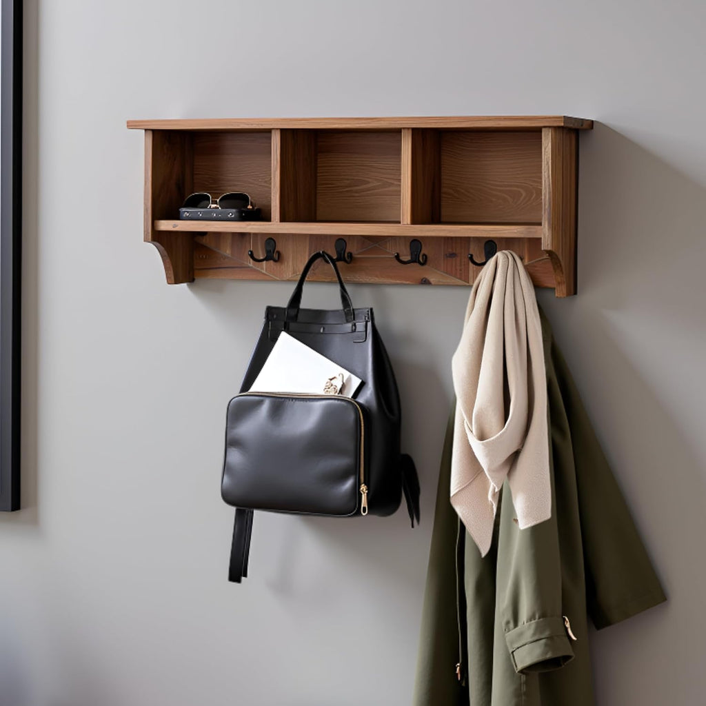 Revive Solid Wood Wall Mounted Coat Rack with 3 Cubbies and 4 Double Hooks – 36' Entryway Wall Shelf Organizer with Easy Installation for Hallway or Mudroom Storage by Alaterre Furniture (Natural)