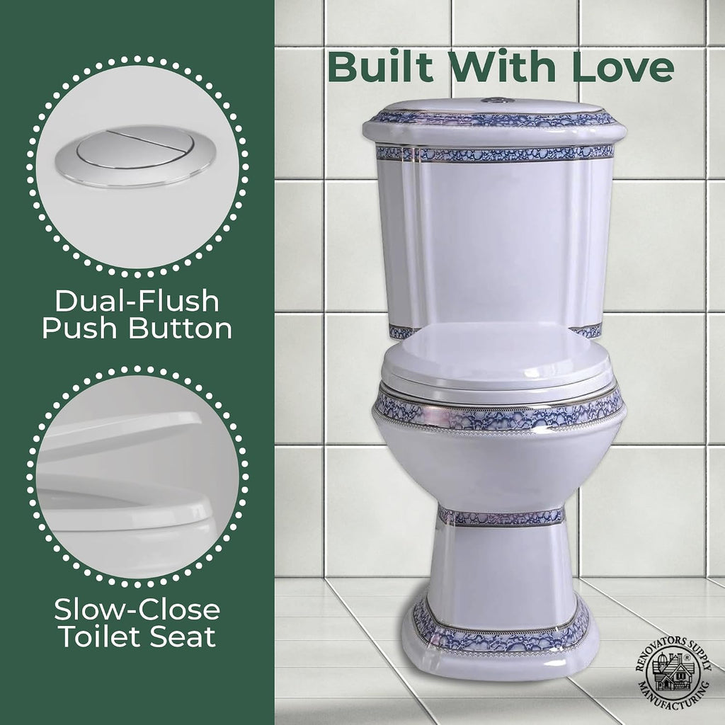 Renovators Supply Manufacturing Dual Flush 2-Piece Elongated Toilet, India Reserve Style with Slow Close Seat, 0.8/1.6 GPF Water Saving, Blue and Gold Vitreous China