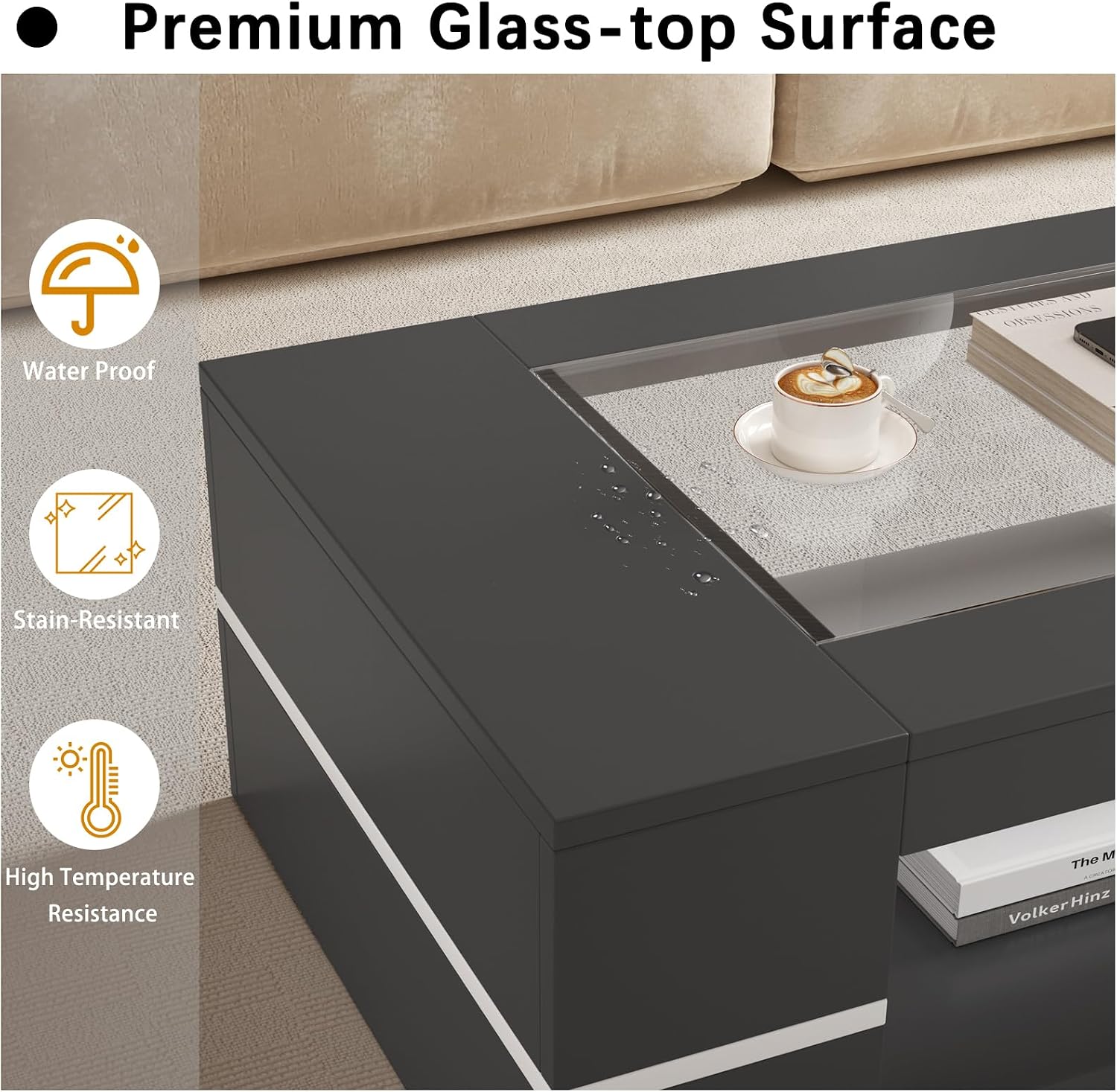 HedoAjim 47.2' Modern Stylish Coffee Table with Glass Table Top, Large Living Room Table Rectangular 2-Tier Center Tables with Storage, Wooden Cocktail Tea Tables for Dining Reception Room, Black