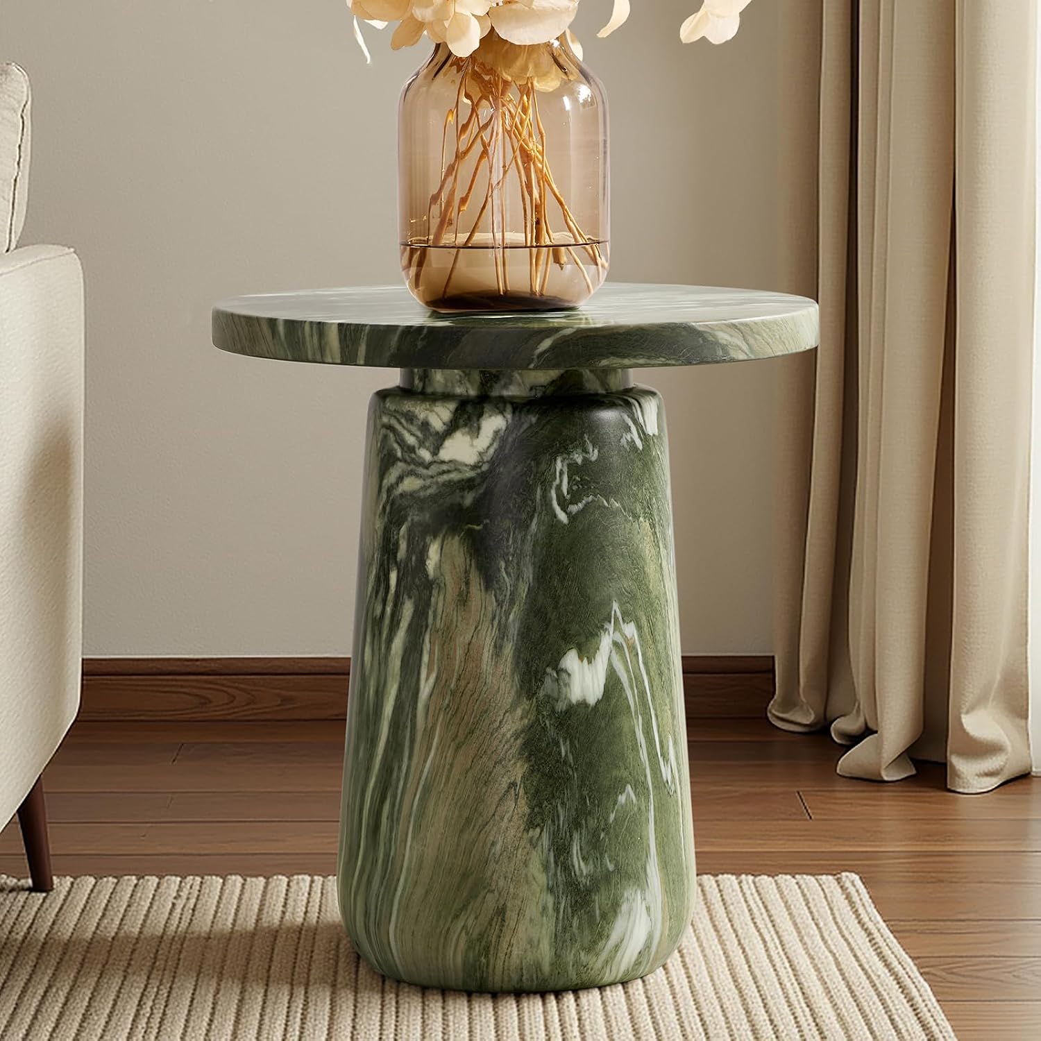HULALA HOME Sculptural Round End Table with Pedestal Base, Faux Marble Accent Table for Modern Living Room(Green)