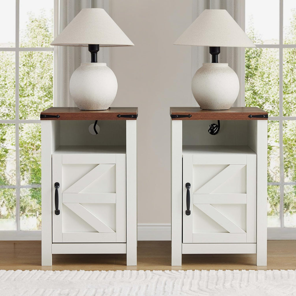 Farmhouse Nightstand Set of 2, Bedside Table with Charging Station, Night Stand with Barn Door, White End Table Sofa Side, Nightstand Storage for Bedroom Living Room, White