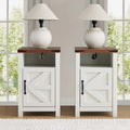 Farmhouse Nightstand Set of 2, Bedside Table with Charging Station, Night Stand with Barn Door, White End Table Sofa Side, Nightstand Storage for Bedroom Living Room, White