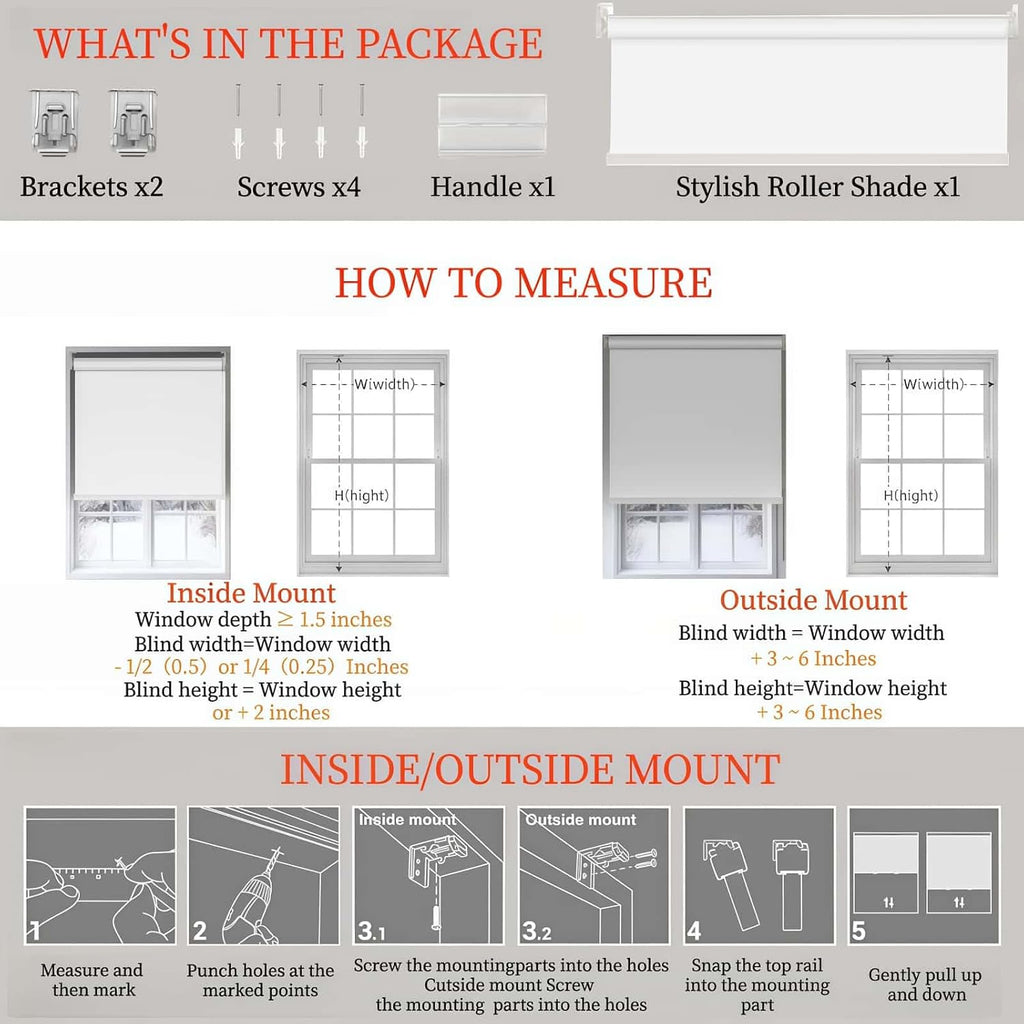 Cordless Roller Shades Room Darkening with Spring System Rolled Up Shades Blackout Blinds Door Windows Blinds for Home and Office UV Protection Window Blind.White.43 W x 104' H