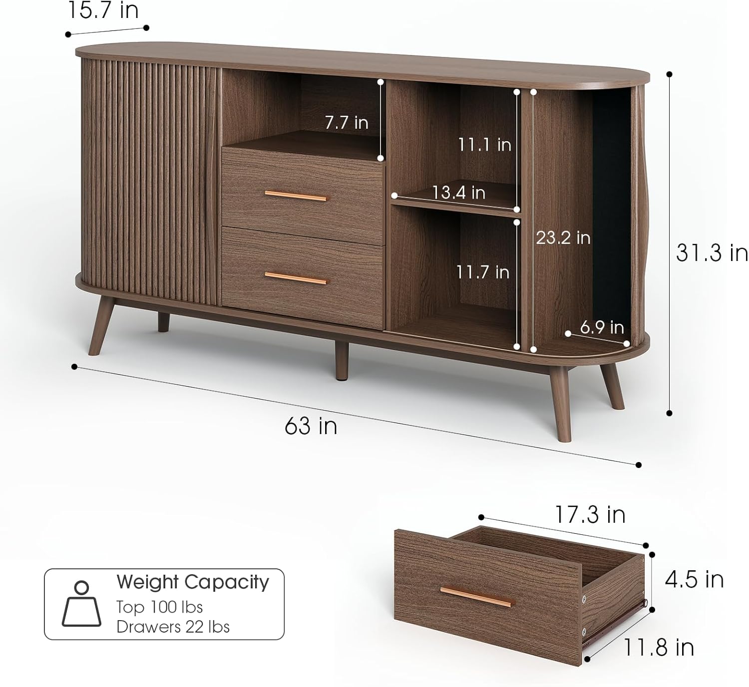 JOINICE 63' Fluted Storage Cabinet for Living Room,Mid-Century Modern Sideboard with Sliding Doors, Walnut Buffet Cabinet with Drawers & Solid Wood Legs, Large Accent Credenza for Home, Dining Room