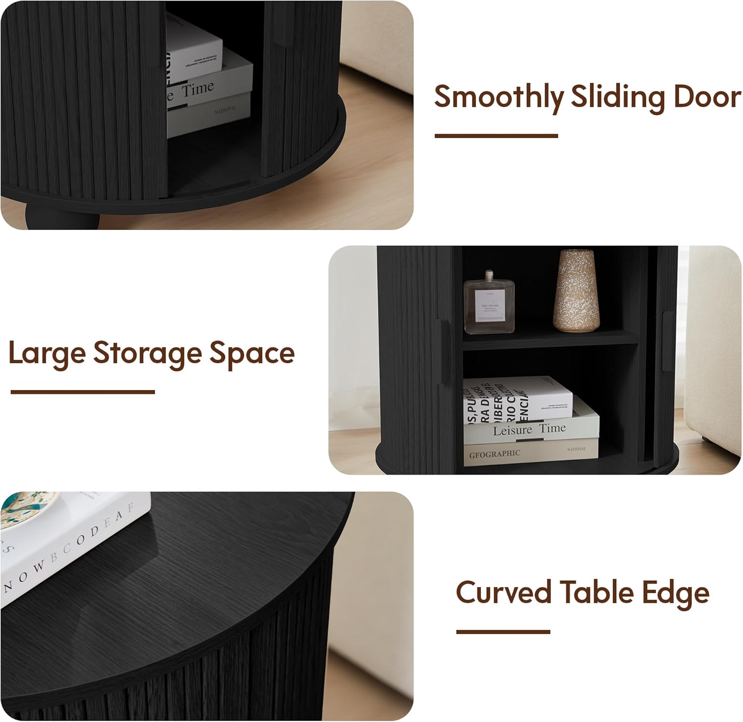 Mid-Century Modern 24' Nightstand with Charging Station, Wood Round End Night Stand End Table with Storage & Sliding Door, Accent Side Tbale for Living Room Bedroom (Round, Black)