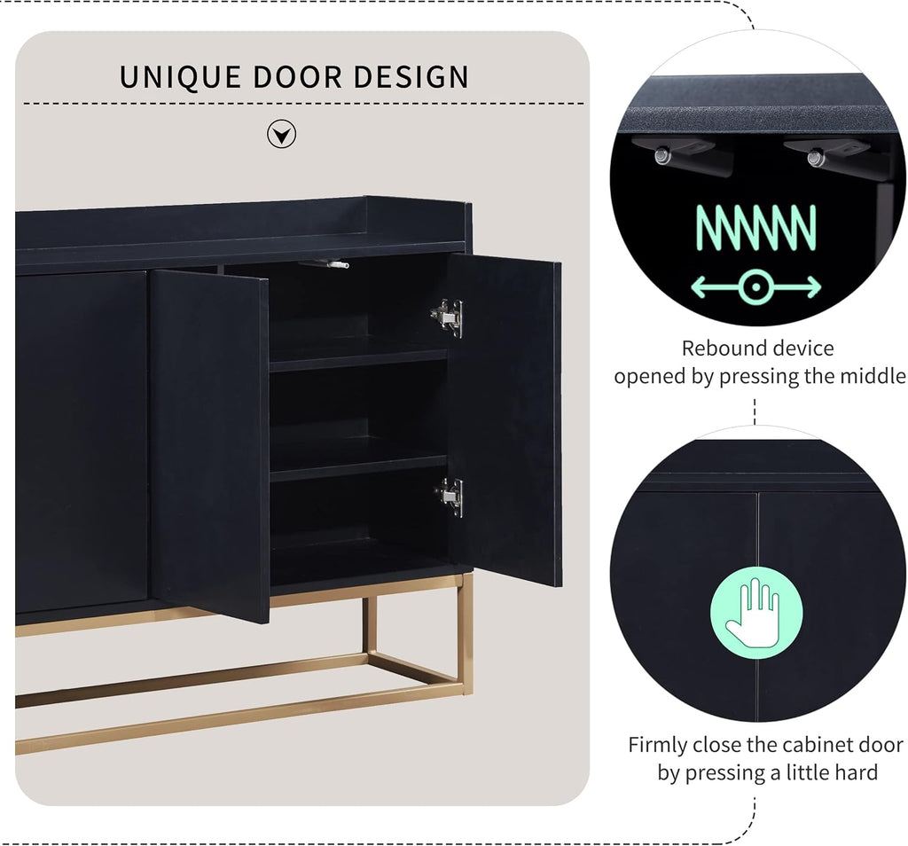 Sideboard Buffet Cabinet with Large Storage Space,Modern Particle Board Kitchen Console Table,W/ 4 Doors and Gold Metal Legs,Dining Room,Entryway,Black