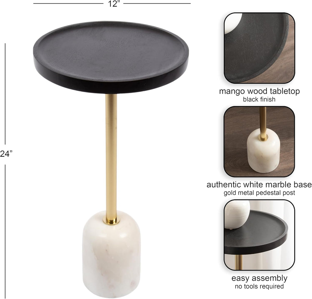 Kate and Laurel Shorrock Round Mango Wood Side Table, 12 x 12 x 24, Black, Gold, and White Marble, Modern Pedestal End Table with Marble Base for Bedroom Nightstand or Living Room Plant Stand