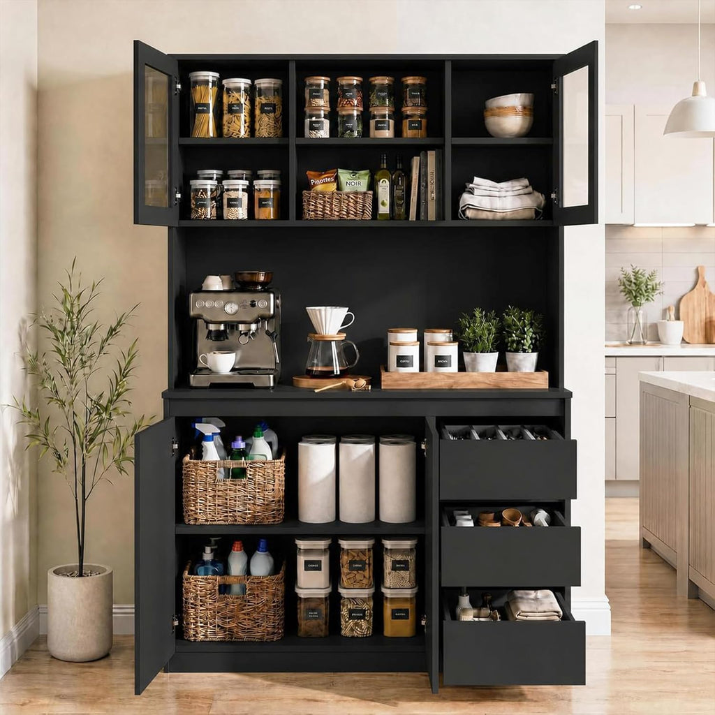 71' Kitchen Pantry Cabinet,Tall Storage Cabinet with Doors & Shelves Adjustable, Kitchen Storage Hutch with Microwave Shelf,Coffee Bar,Led Lights&Charging Station,Corner Pantry Cabinet for Living Room