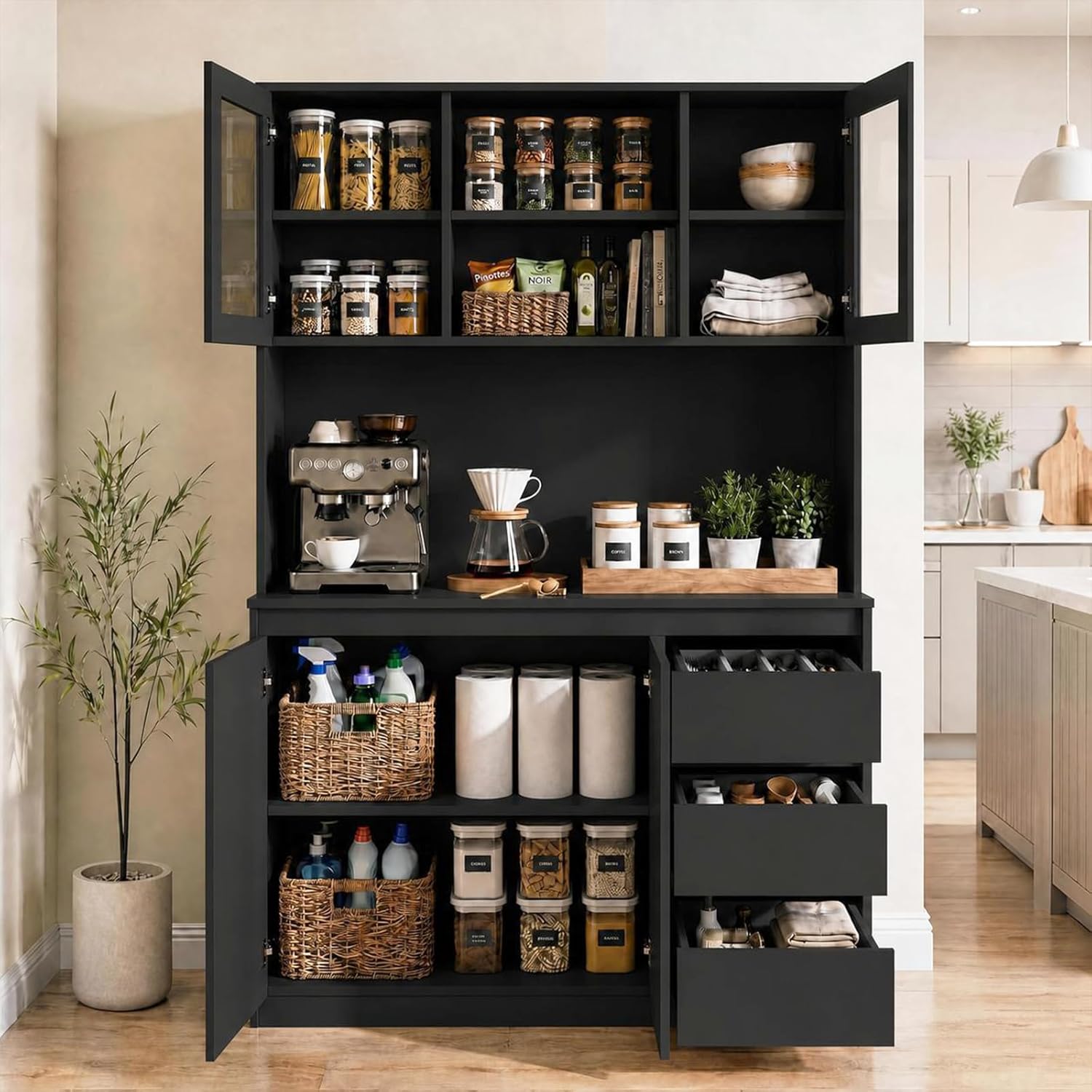 71' Kitchen Pantry Cabinet,Tall Storage Cabinet with Doors & Shelves Adjustable, Kitchen Storage Hutch with Microwave Shelf,Coffee Bar,Led Lights&Charging Station,Corner Pantry Cabinet for Living Room