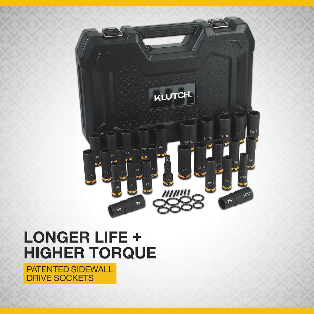 Klutch 1/2in.-Drive Deep Impact Socket Set, SAE + Metric, Chrome Molybdenum, 29-Pc.